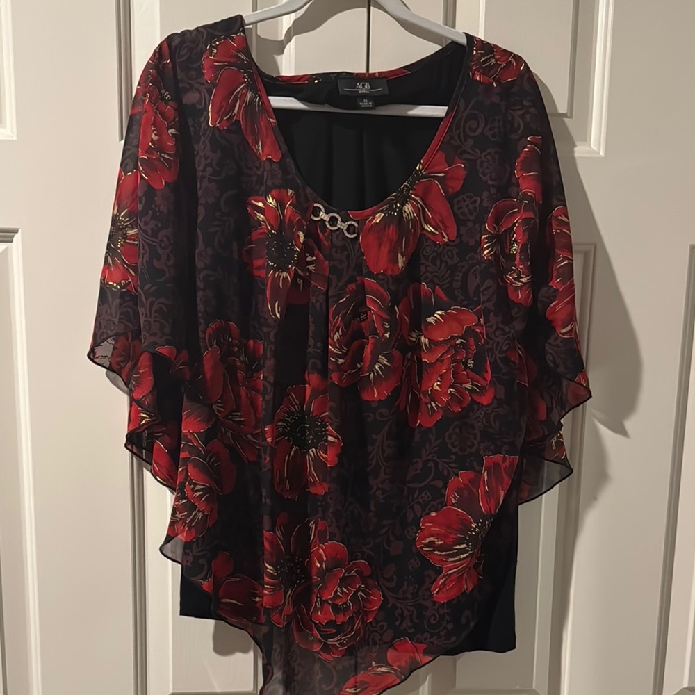 AGB Asymmetrical Flutter Sleeve Blouse Black and Red